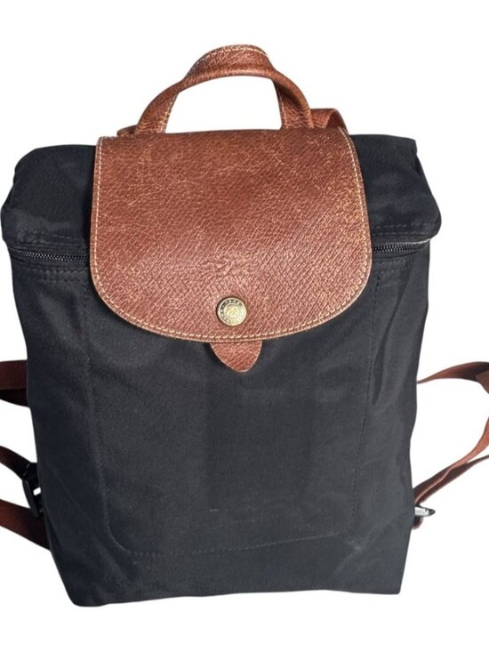 Longchamp Handbags - Longchamp Le Pliage Mini Backpack Black Canvas Brown Leather Flap